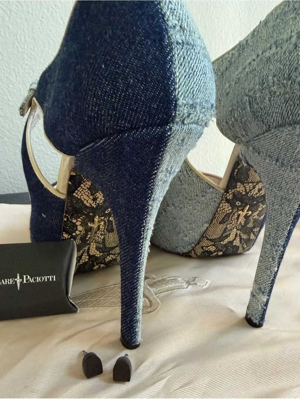 Cesare Paciotti Denim & Lace Platform Heels Size 38
